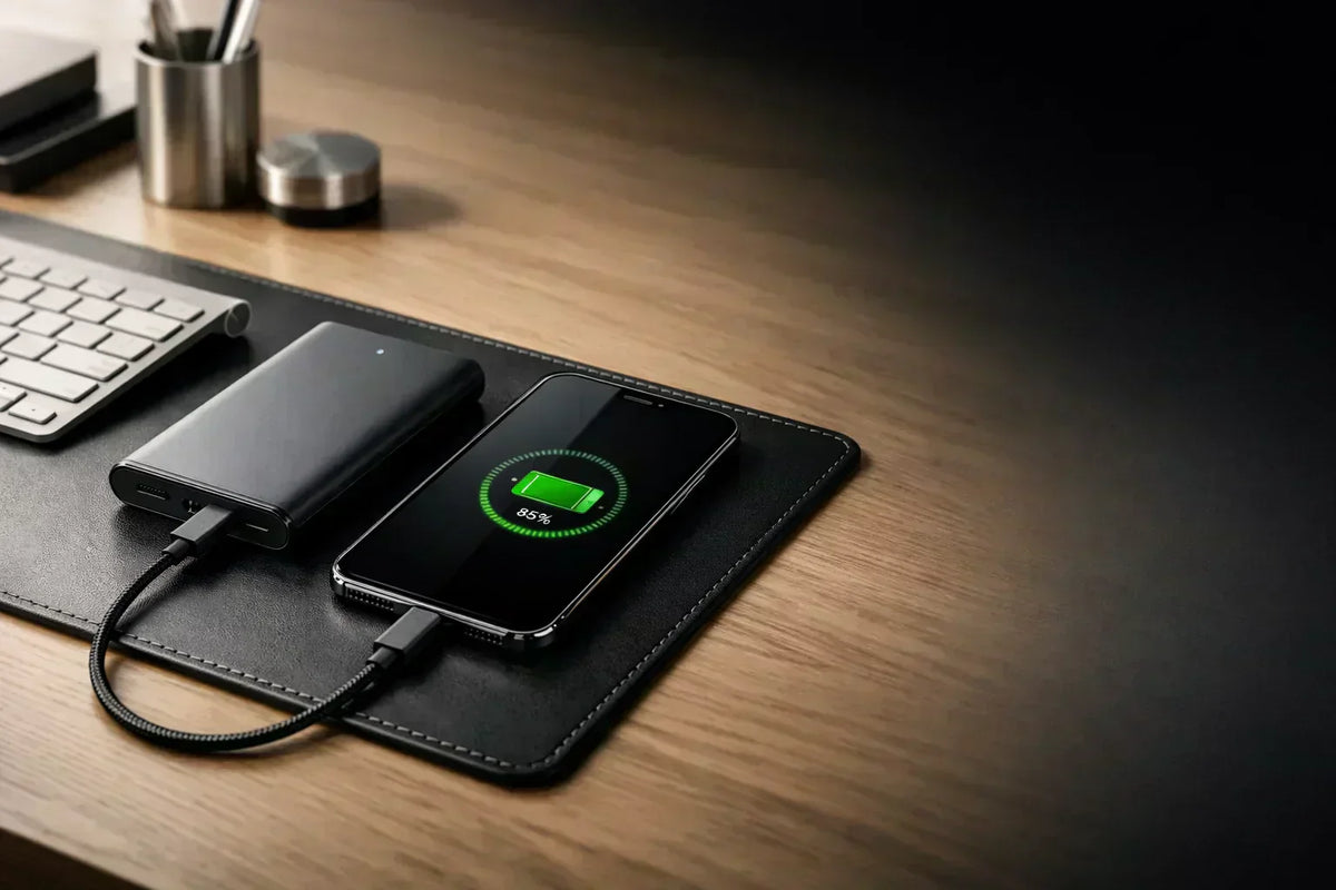 powerbank oplader smartphone på skrivebord med USB C kabel