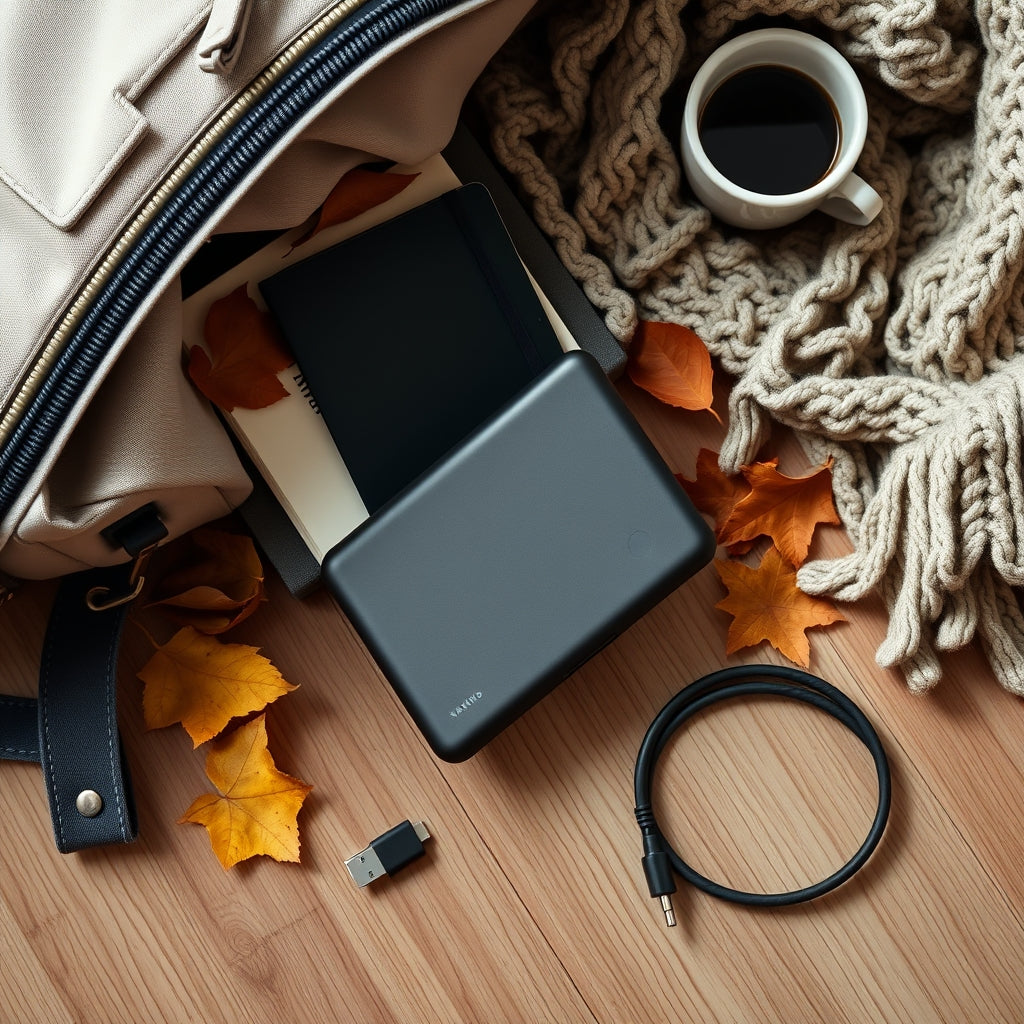 Vantho powerbank klar til efterårsferie med pas, rejsetaske og efterårsblade