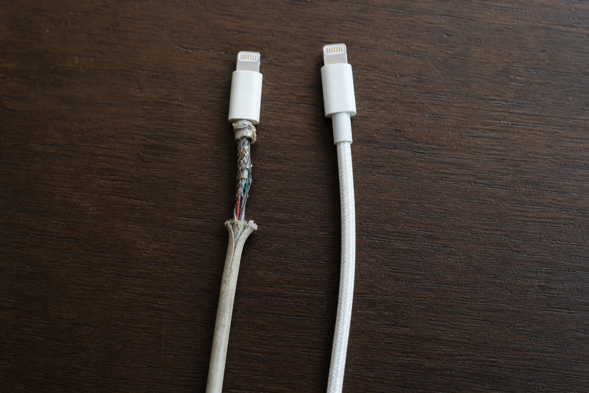 Flosset og beskadiget opladningskabel ved siden af et nyt kabel på et bord