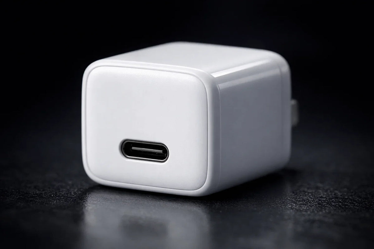 Nærbillede af en kompakt GaN-oplader med fokus på USB-C porten og det lille format