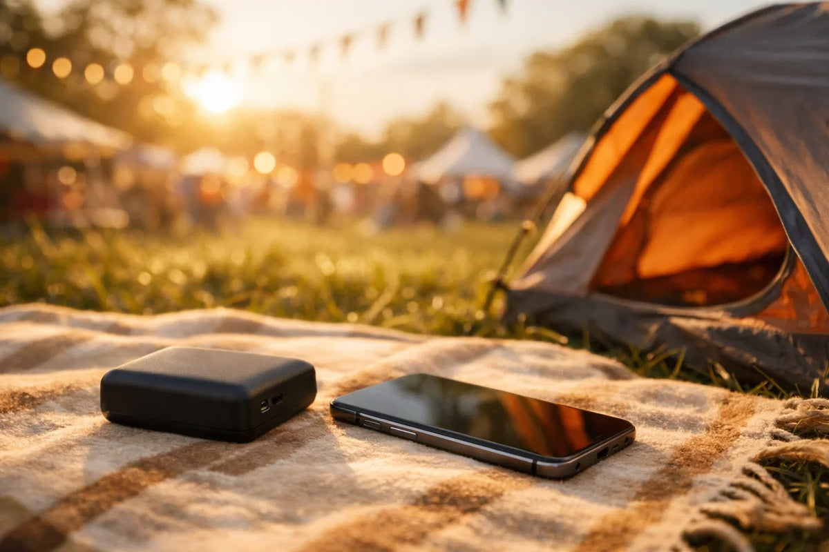 Powerbank der oplader en smartphone på en festivalcamp med telt og solskin i baggrunden