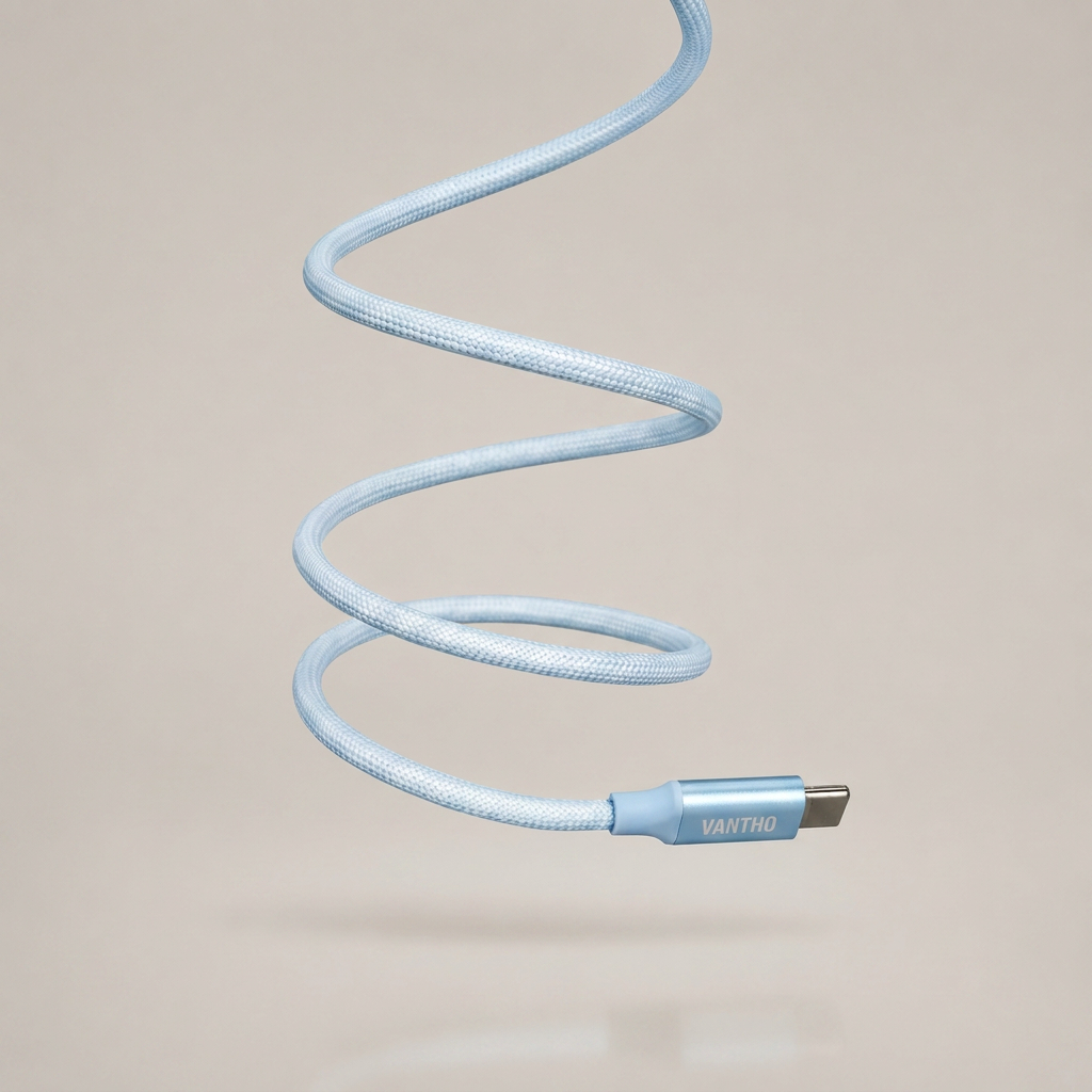 Blåt magnetisk kabel der hænger fra toppen af billedet.
