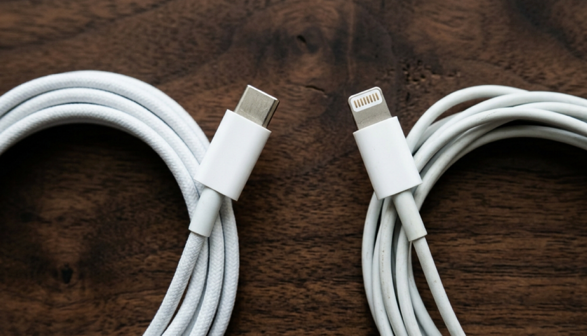 USB-C kabel og Lightning-kabel lagt ved siden af hinanden på et mørkt bord