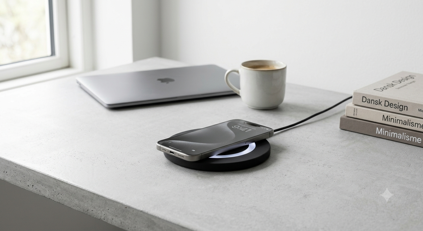 Qi2.2 powerbank med 25W trådløs opladning — moderne design oplader smartphone samtidigt fra stikkontakt