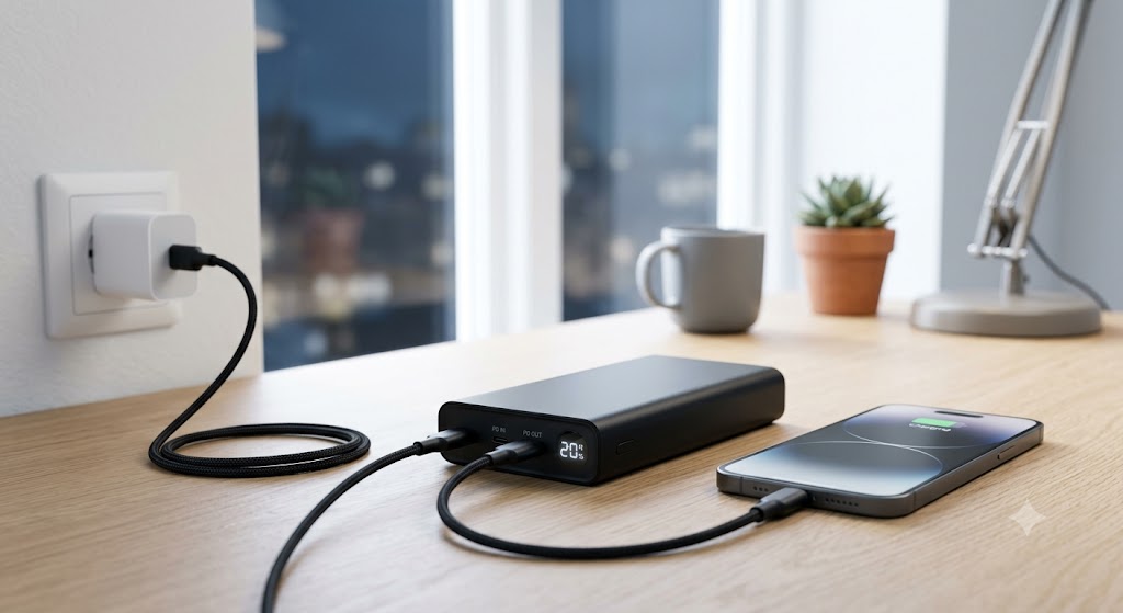 Minimalistisk billede af USB-C powerbank der oplader både sig selv og smartphone samtidigt fra én strømkilde