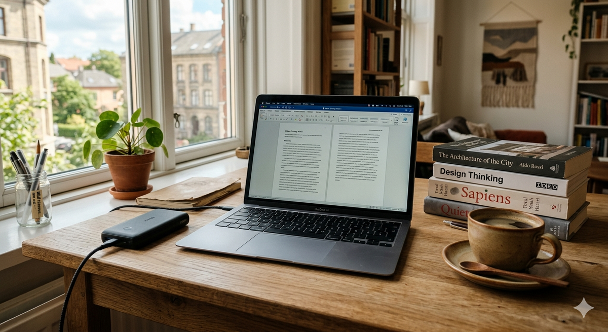Powerbank og laptop på et studiebord med bøger og kaffe i baggrunden