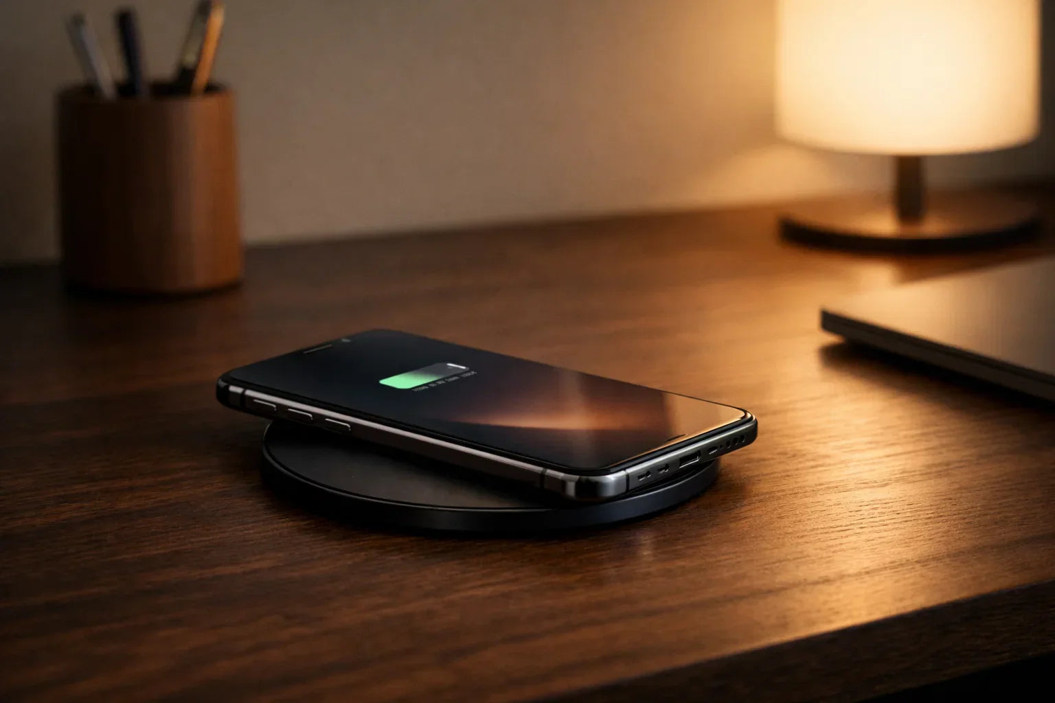Trådløs magnetisk oplader med en smartphone der snapper på plads på et mørkt skrivebord