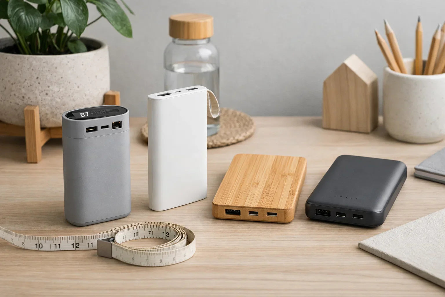 Miljøvenlig powerbank med genbrugsplast kabinet på et træbord med grønne planter i baggrunden