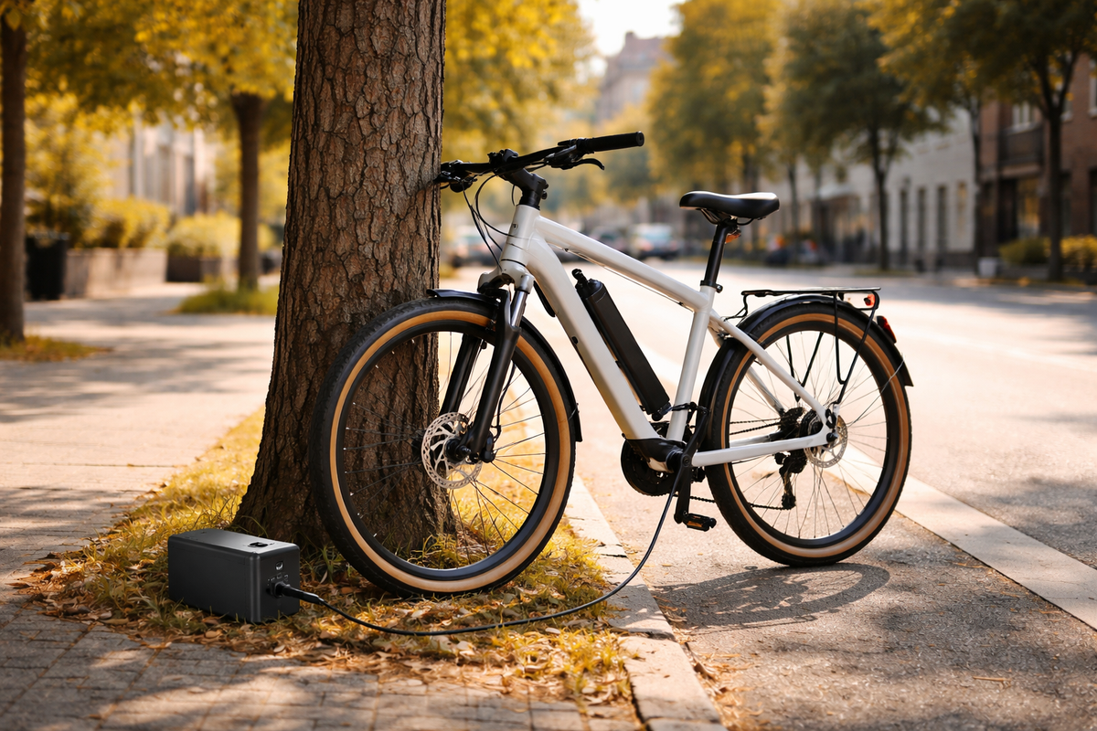 El-cykel der oplader med powerbank i en nødsituation med dagslys