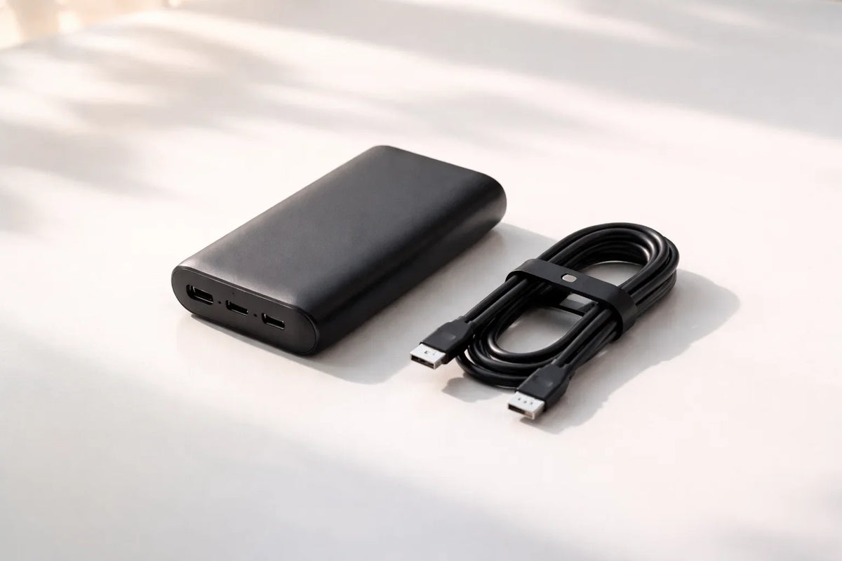 Powerbank der oplades sikkert på et flisebord med korrekt ventilation