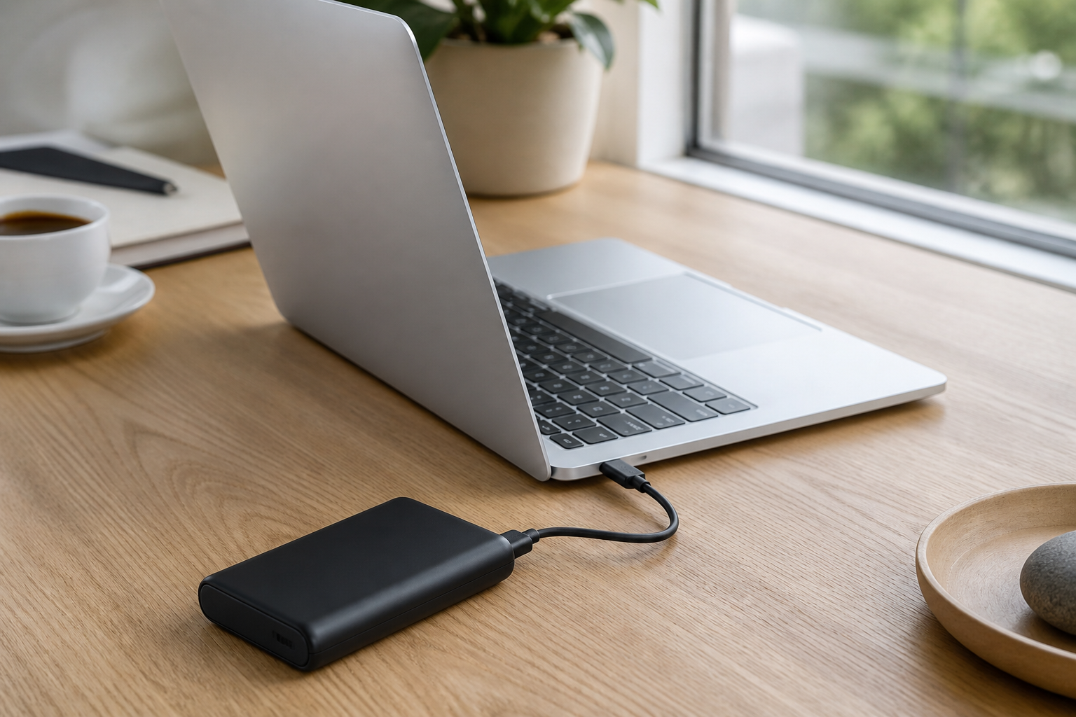 MacBook der oplades fra en powerbank på et skrivebord med kaffe i baggrunden