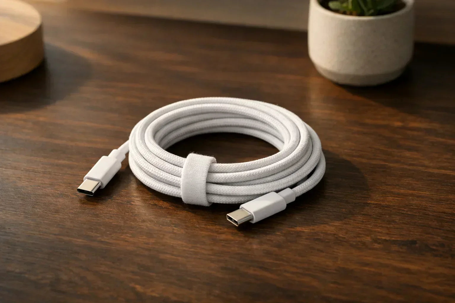 USB-C kabel pænt oprullet med velcro-strop på et rent skrivebord