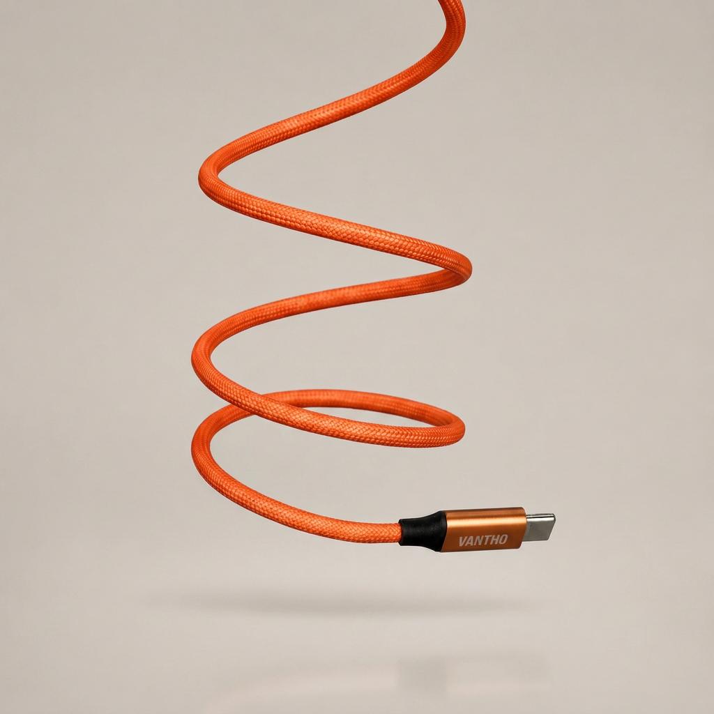 Vantho FLEX USB-C til USB-C kabel i orange, oprullet spiral-design